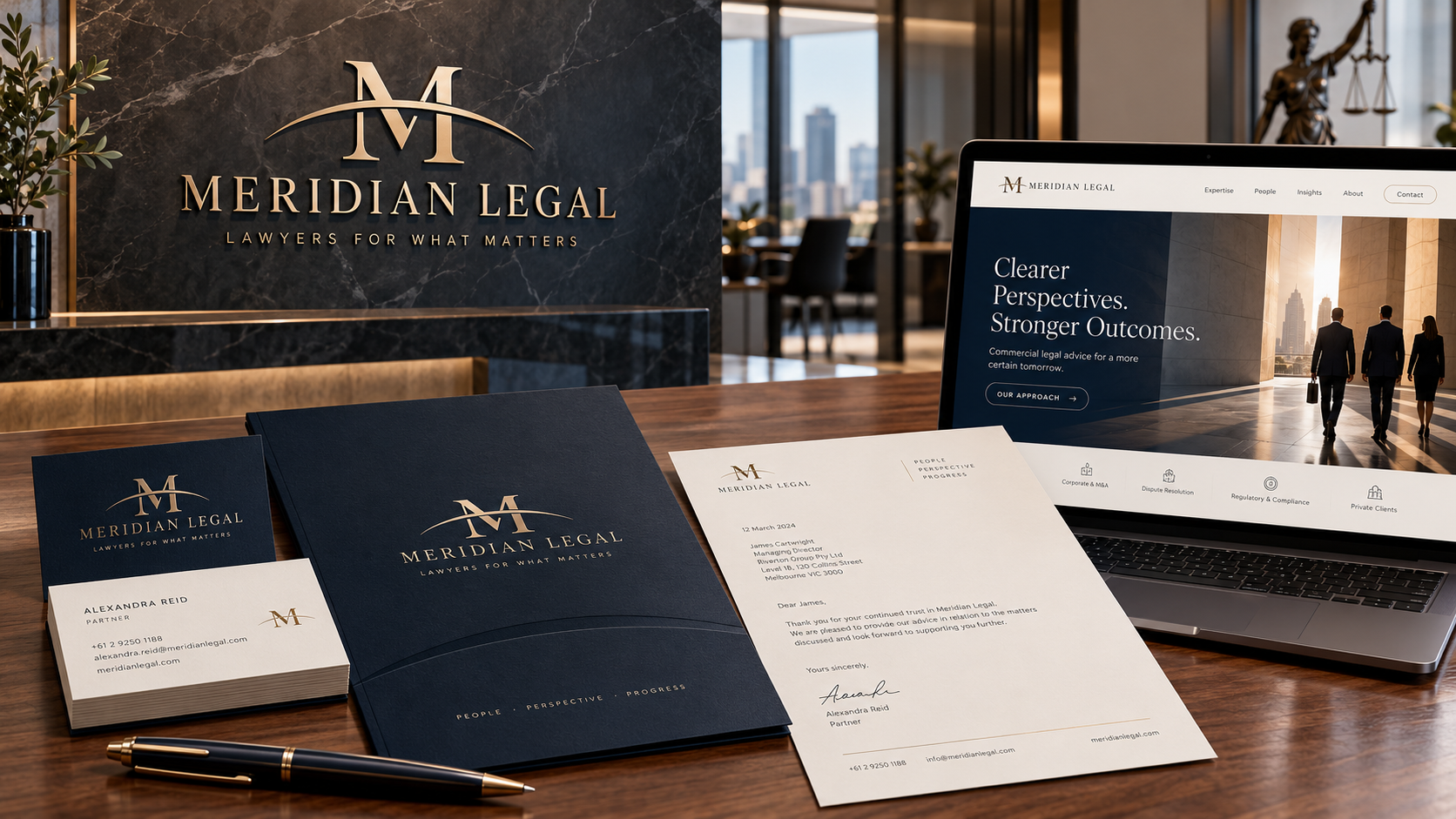 Legal services brand mockup in an office