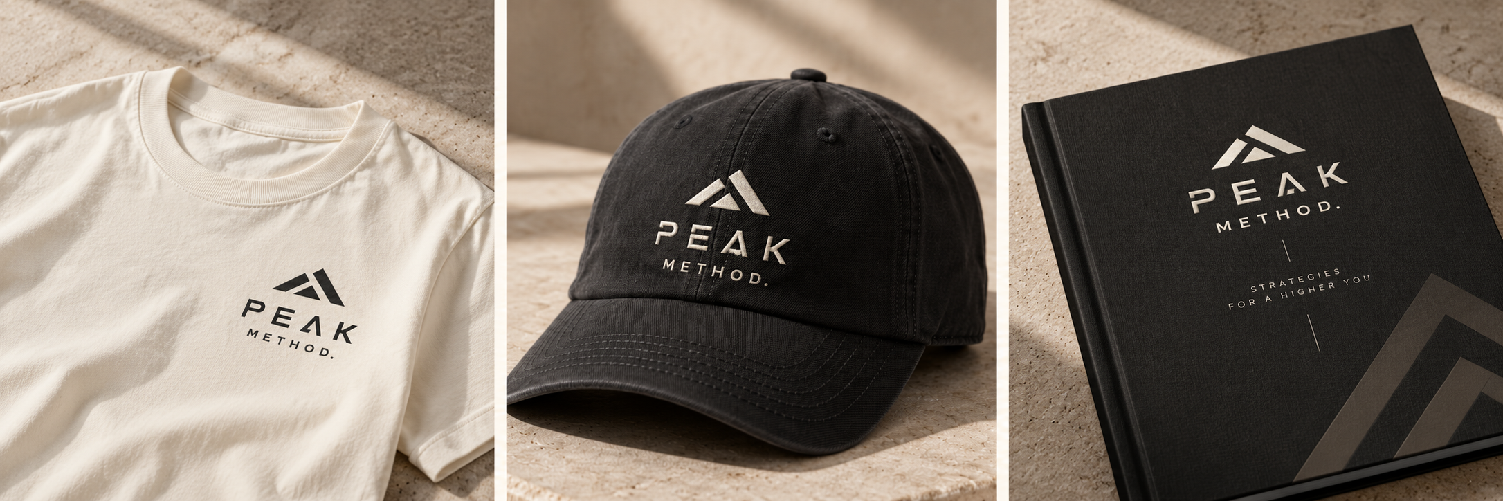 Brand identity shown on apparel, cap and workbook